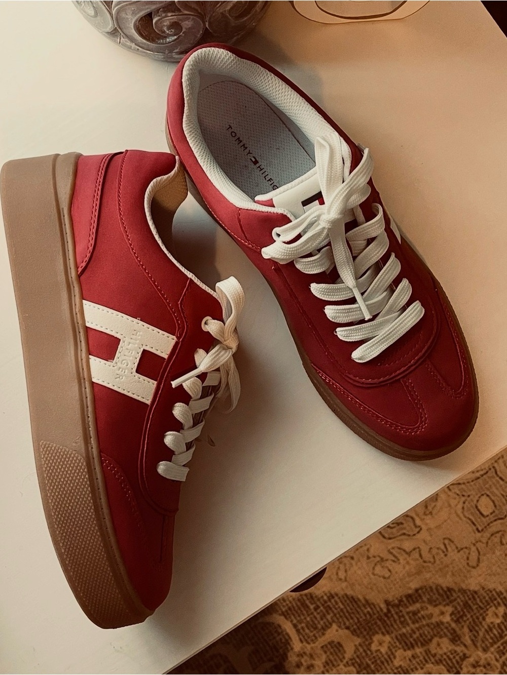 Tommy Hilfiger Red and White Low-Top Sneakers with Gum Sole